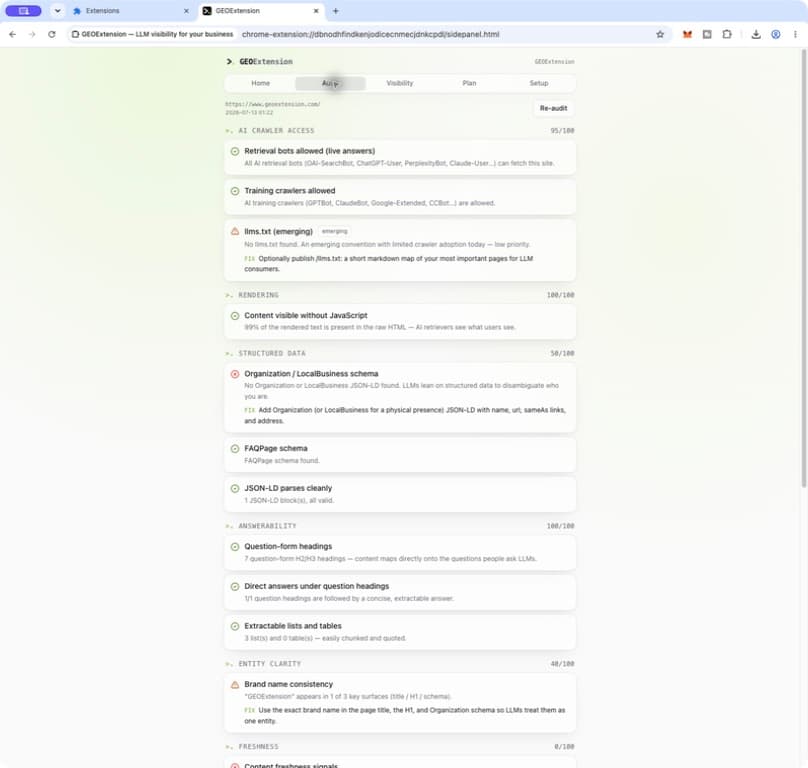 Installed GEOExtension Chrome extension showing a real audit in its side-panel interface