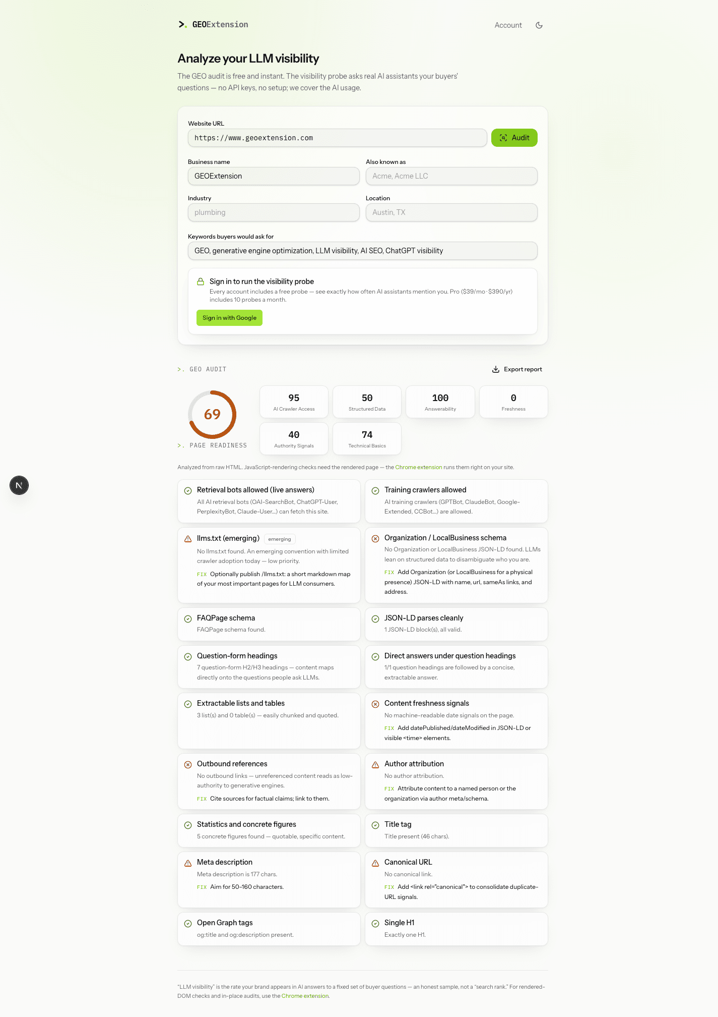 GEOExtension web analyzer showing a real page-readiness score and detailed recommendations